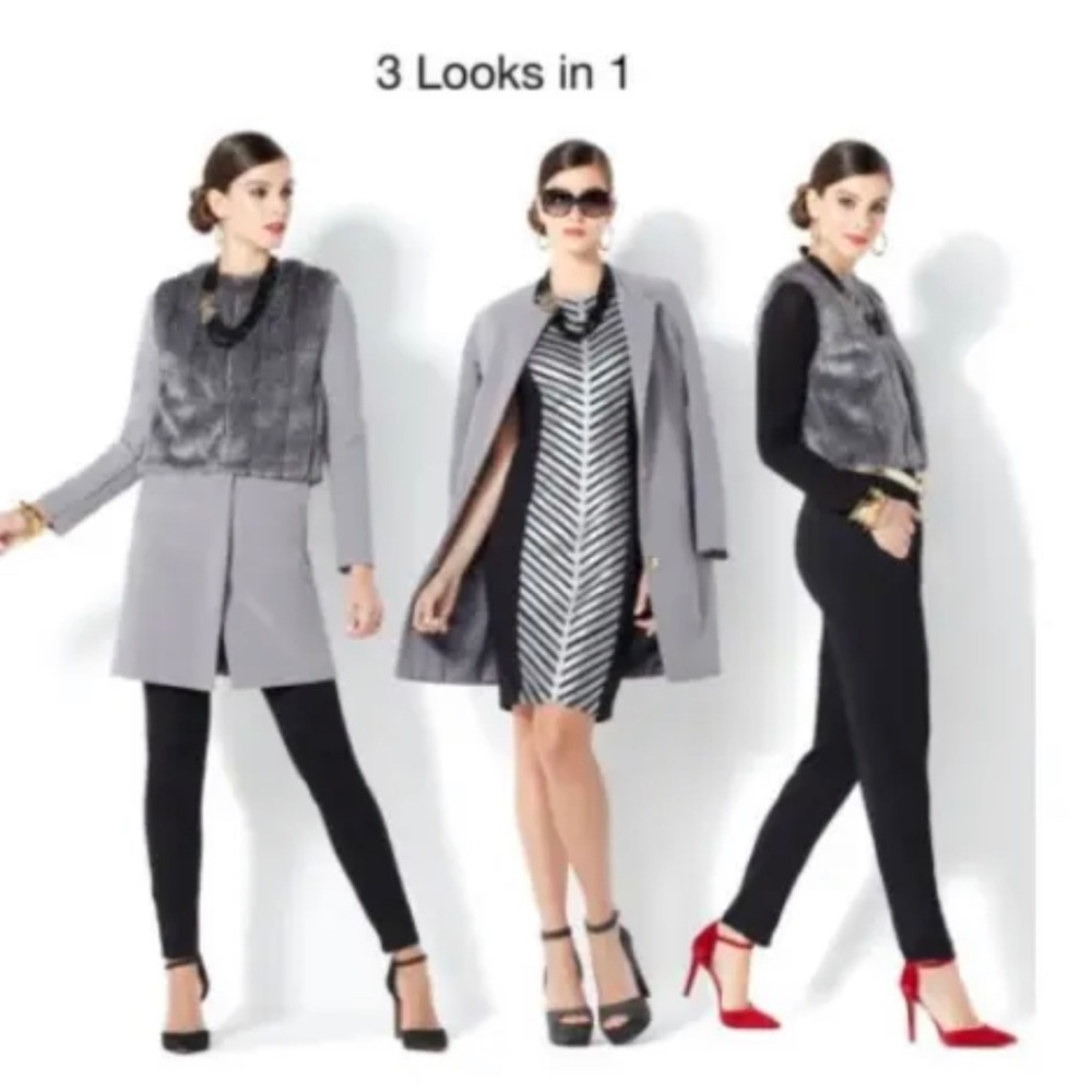 IMAN Gray Hidden Snap Front Crepe Coat & Faux Fur Vest 2 PC Set Medium